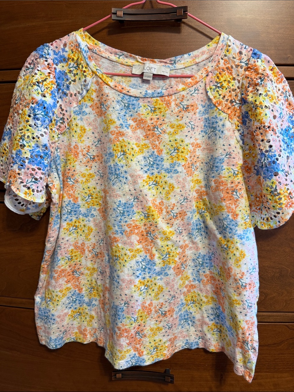 LOFT Cream Floral Eyelet Sleeve knit  with Blue, Yellow & Peach